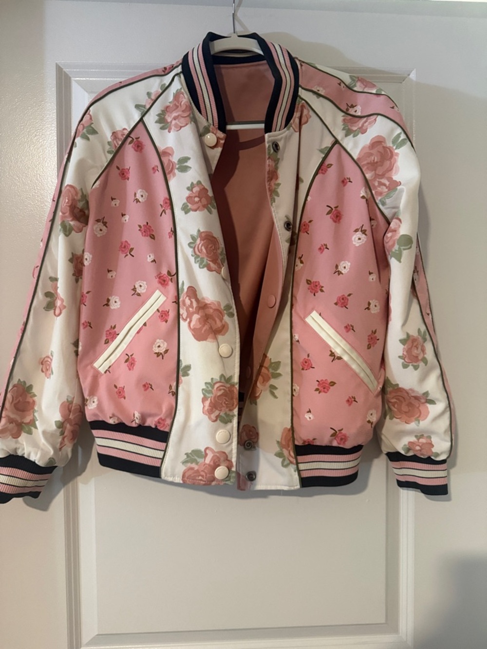 Coach Pink and Cream Floral Varsity Jacket